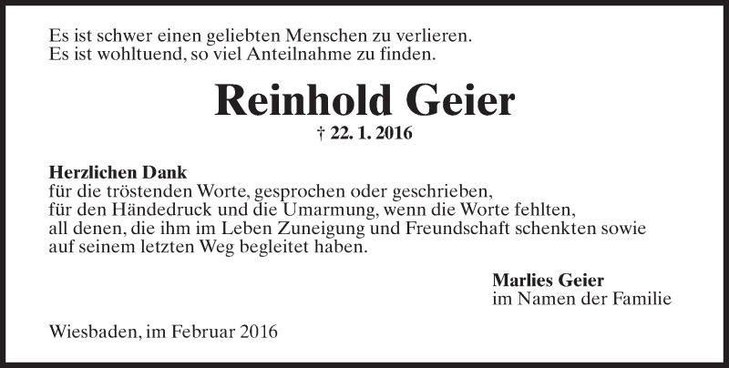  Traueranzeige für Reinhold Geier vom 06.02.2016 aus  Wiesbaden komplett