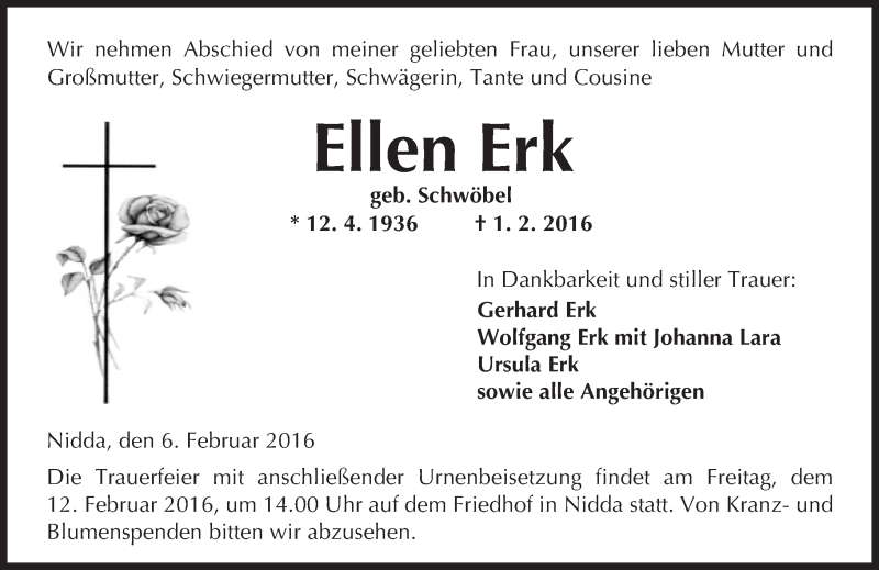  Traueranzeige für Ellen Erk vom 06.02.2016 aus  Kreisanzeiger