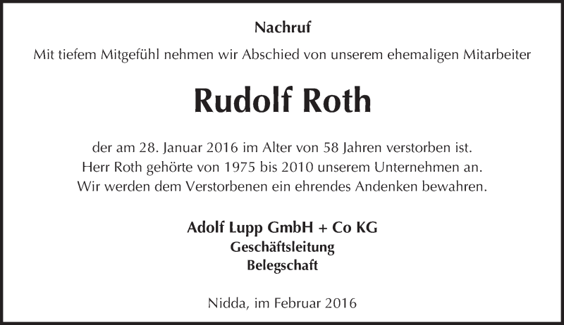  Traueranzeige für Rudolf Roth vom 04.02.2016 aus  Kreisanzeiger