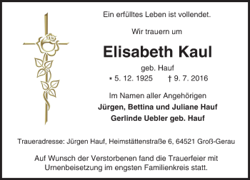 Traueranzeige von Elisabeth Kaul von Trauerportal Echo Online