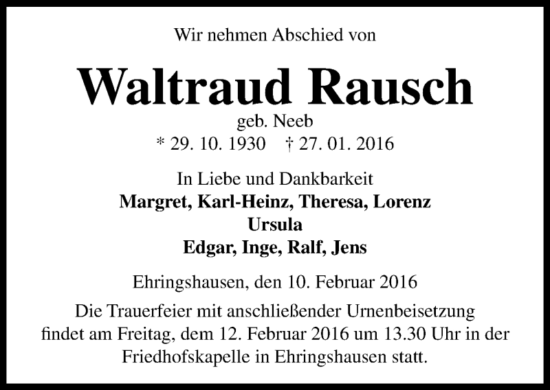  Traueranzeige für Waltraud Rausch vom 10.02.2016 aus VRM Trauer