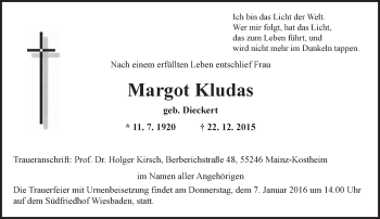 Traueranzeige von Margot Kludas von  Wiesbaden komplett