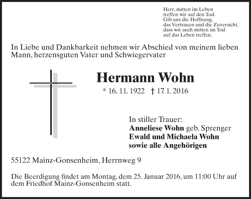  Traueranzeige für Hermann Wohn vom 20.01.2016 aus  Allgemeine Zeitung Mainz