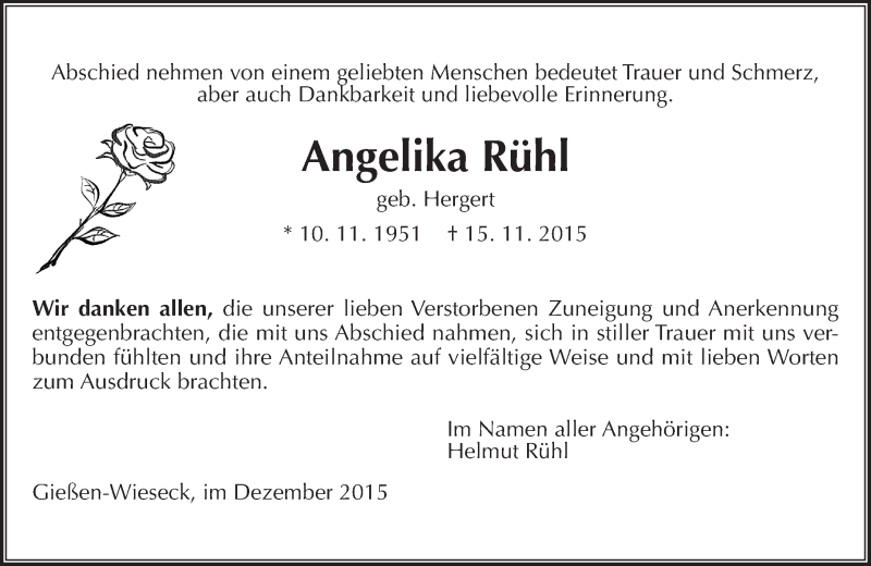  Traueranzeige für Angelika Rühl vom 12.12.2015 aus  Gießener Anzeiger