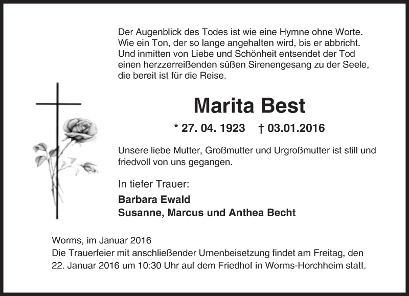  Traueranzeige für Marita Best vom 20.01.2016 aus  Wormser Zeitung