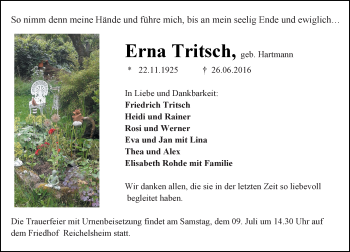 Traueranzeige von Erna Tritsch von Trauerportal Echo Online