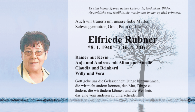  Traueranzeige für Elfriede Rubner vom 21.04.2016 aus  Gelnhäuser Tageblatt
