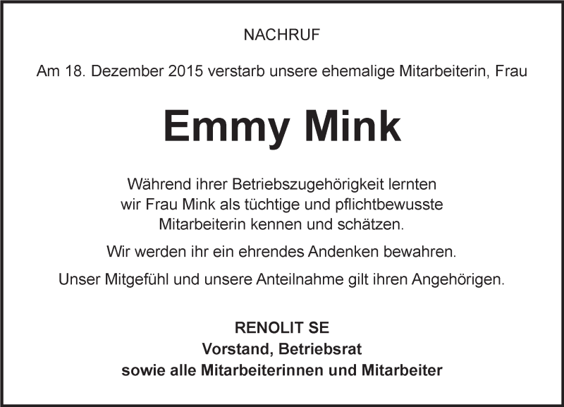  Traueranzeige für Emmy Mink vom 16.01.2016 aus trauer.rmp.de