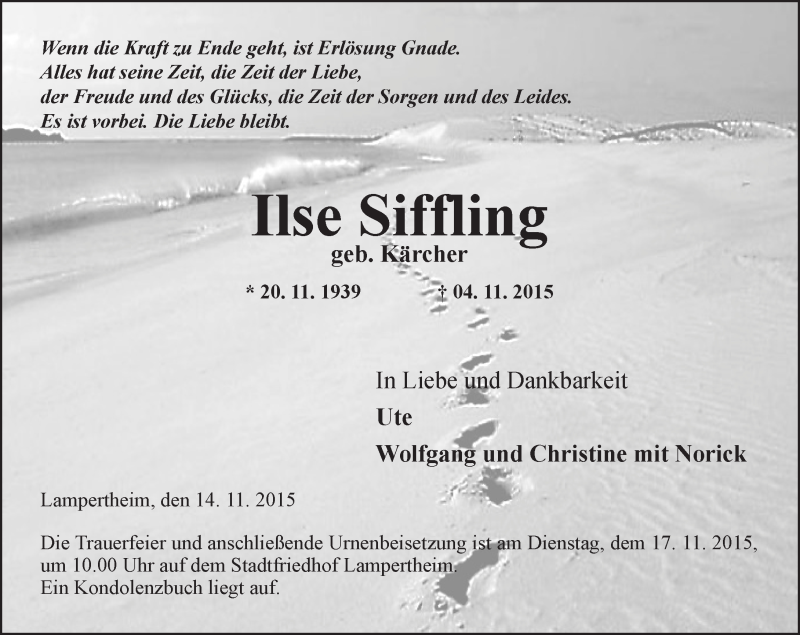 Traueranzeige für Ilse Siffling vom 14.11.2015 aus  Bürstädter Zeitung