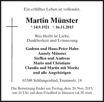 Traueranzeige von Martin Münster von  WK-UTA/Aar-Bote