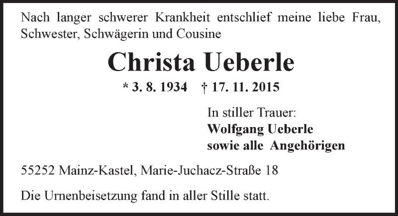  Traueranzeige für Christa Ueberle vom 03.12.2015 aus  Allgemeine Zeitung Mainz