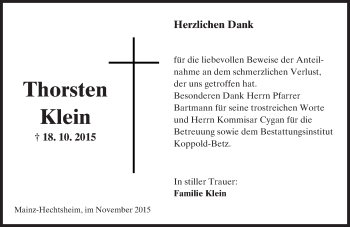 Traueranzeige von Thorsten Klein von  Allgemeine Zeitung Mainz