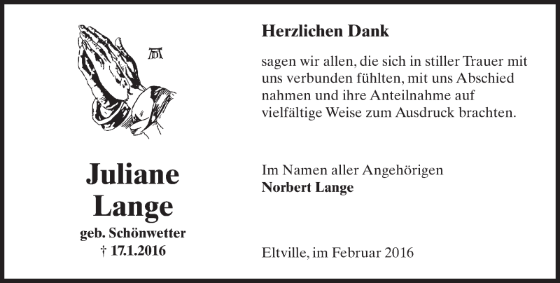  Traueranzeige für Juliane Lange vom 06.02.2016 aus  Rheingau