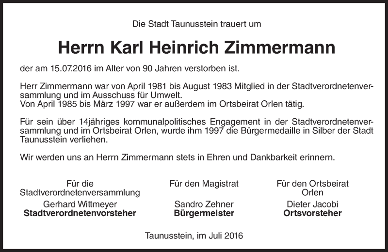  Traueranzeige für Karl Heinrich Zimmermann vom 21.07.2016 aus Trauerportal Rhein Main Presse