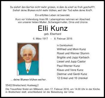 Traueranzeige von Elli Kunz von  Allgemeine  Zeitung Ingelheim-Bingen