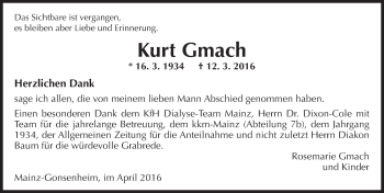 Traueranzeige von Kurt Gmach von  Allgemeine Zeitung Mainz