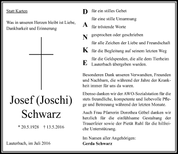 Traueranzeige von Josef Schwarz von  OK Oberhessen Kurier