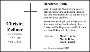 Traueranzeige von Christel Zellner von  Allgemeine  Zeitung Ingelheim-Bingen
