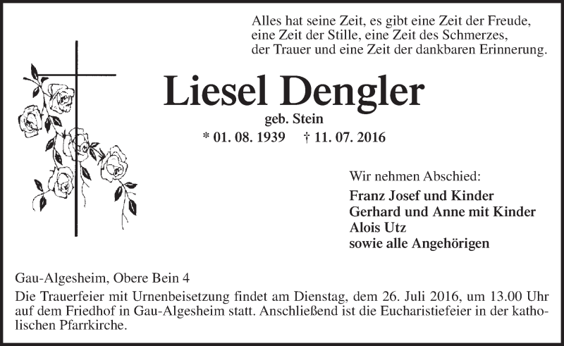  Traueranzeige für Liesel Dengler vom 19.07.2016 aus Trauerportal Rhein Main Presse