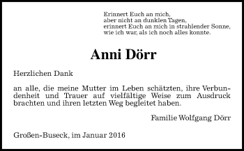 Traueranzeige von Anni Dörr von  Gießener Anzeiger