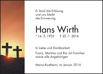 Traueranzeige von Hans Wirth von  Allgemeine Zeitung Mainz