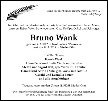 Traueranzeige von Bruno Wank von  Allgemeine Zeitung Mainz