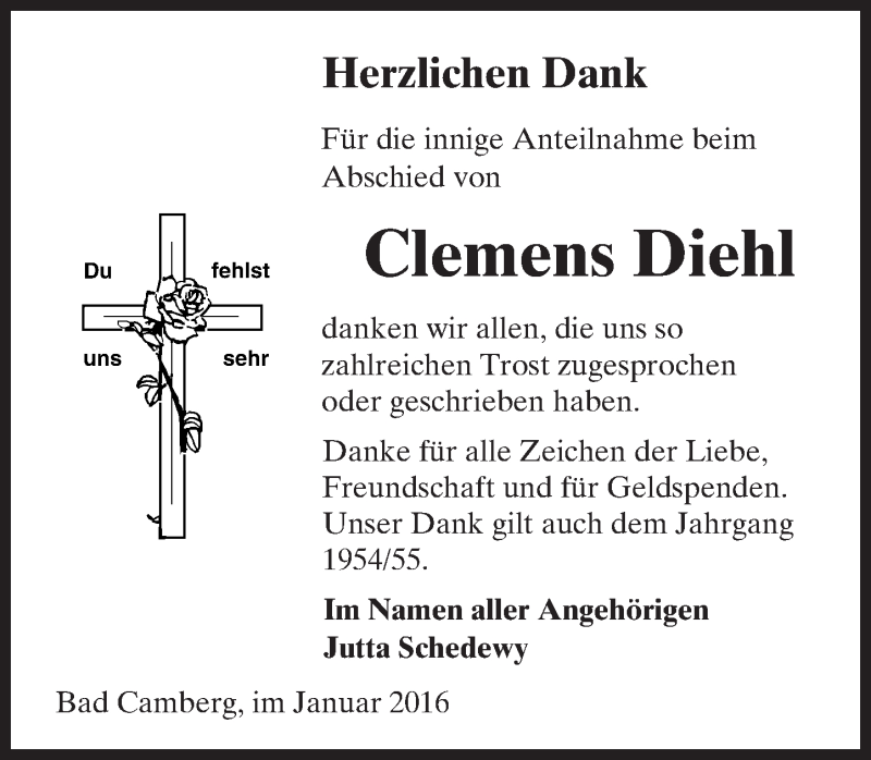  Traueranzeige für Clemens Diehl vom 21.01.2016 aus  Camberger Anzeiger