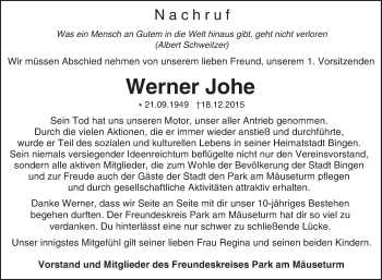 Traueranzeige von Werner Johe von  Allgemeine  Zeitung Ingelheim-Bingen