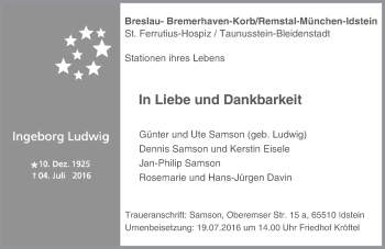 Traueranzeige von Ingeborg Ludwig von Trauerportal Rhein Main Presse