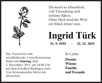 Traueranzeige von Ingrid Türk von  Kreisanzeiger