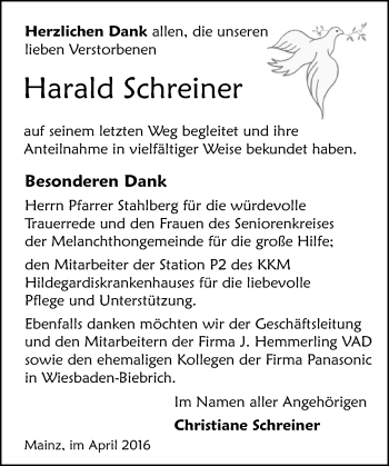 Traueranzeige von Harald Schreiner von  Allgemeine Zeitung Mainz