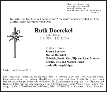 Traueranzeige von Ruth Boerckel von  Allgemeine Zeitung Mainz