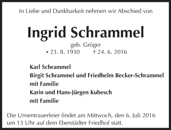 Traueranzeige von Ingrid Schrammel von Trauerportal Echo Online
