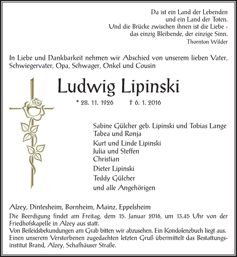  Traueranzeige für Ludwig Lipinski vom 14.01.2016 aus  Allgemeine Zeitung Alzey