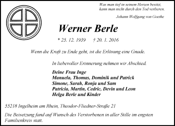 Traueranzeige von Werner Berle von  Allgemeine  Zeitung Ingelheim-Bingen