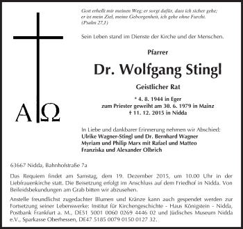 Traueranzeige von Wolfgang G. Stingl von  Kreisanzeiger