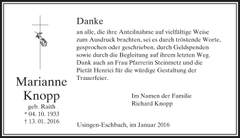 Traueranzeige von Marianne Knopp von  Usinger Anzeiger