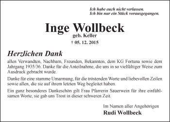 Traueranzeige von Inge Wollbeck von  Bürstädter Zeitung