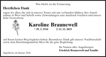 Traueranzeige von Karoline Braunewell von  Allgemeine  Zeitung Ingelheim-Bingen