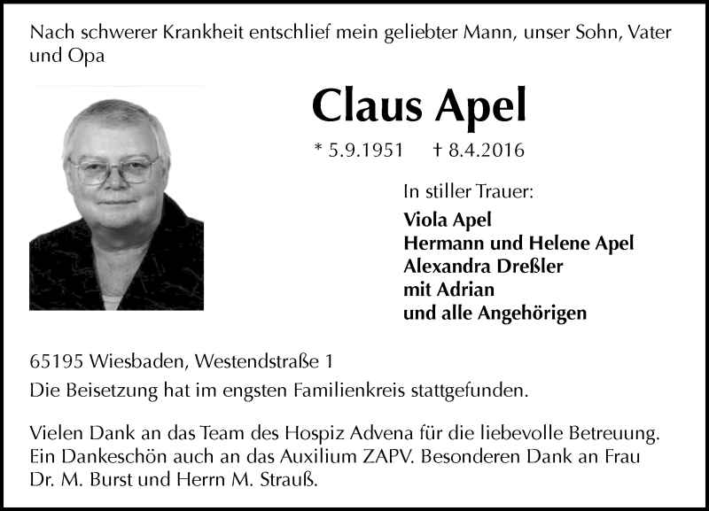  Traueranzeige für Claus Apel vom 23.04.2016 aus  Wiesbaden komplett
