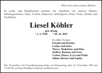 Traueranzeige von Liesel Köhler von  Wormser Zeitung