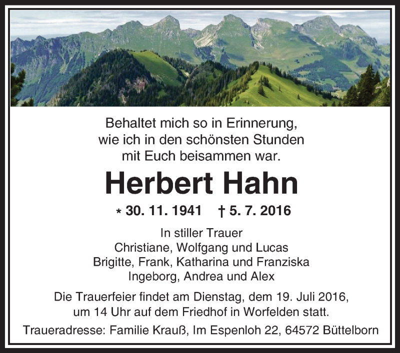  Traueranzeige für Herbert Hahn vom 16.07.2016 aus Trauerportal Echo Online