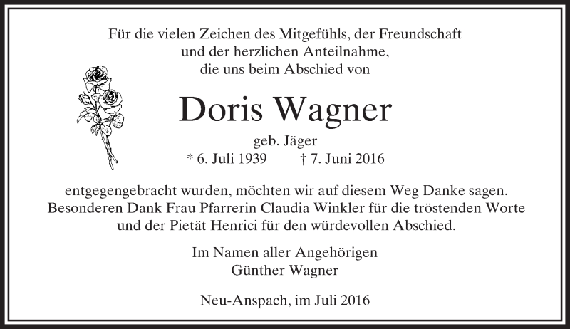  Traueranzeige für Doris Wagner vom 02.07.2016 aus  Usinger Anzeiger