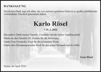 Traueranzeige von Karlo Rösel von  Allgemeine Zeitung Mainz