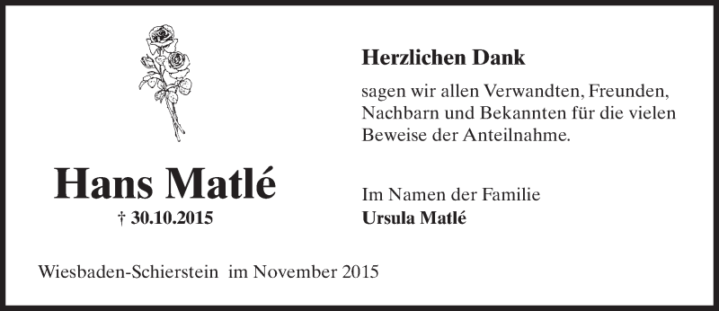  Traueranzeige für Hans Matle vom 21.11.2015 aus  Wiesbaden komplett