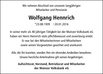 Traueranzeige von Wolfgang Hennrich von trauer.rmp.de