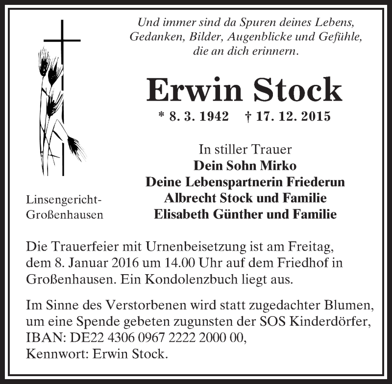  Traueranzeige für Erwin Stock vom 06.01.2016 aus  GT Extra