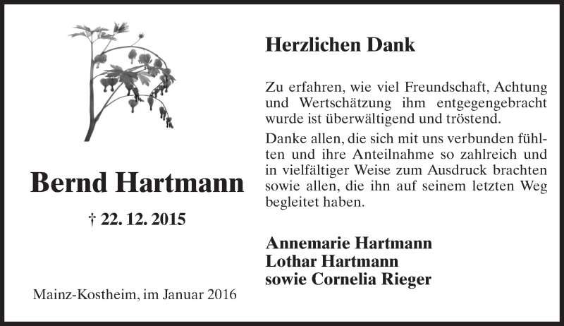  Traueranzeige für Bernd Hartmann vom 16.01.2016 aus  Allgemeine Zeitung Mainz