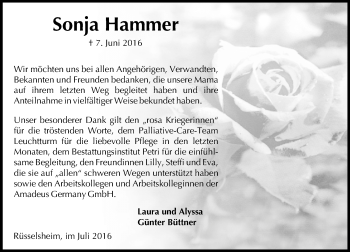 Traueranzeige von Sonja Hammer von Trauerportal Rhein Main Presse