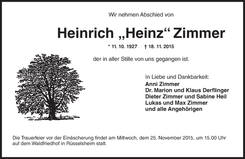  Traueranzeige für Heinrich Zimmer vom 21.11.2015 aus  Mainspitze